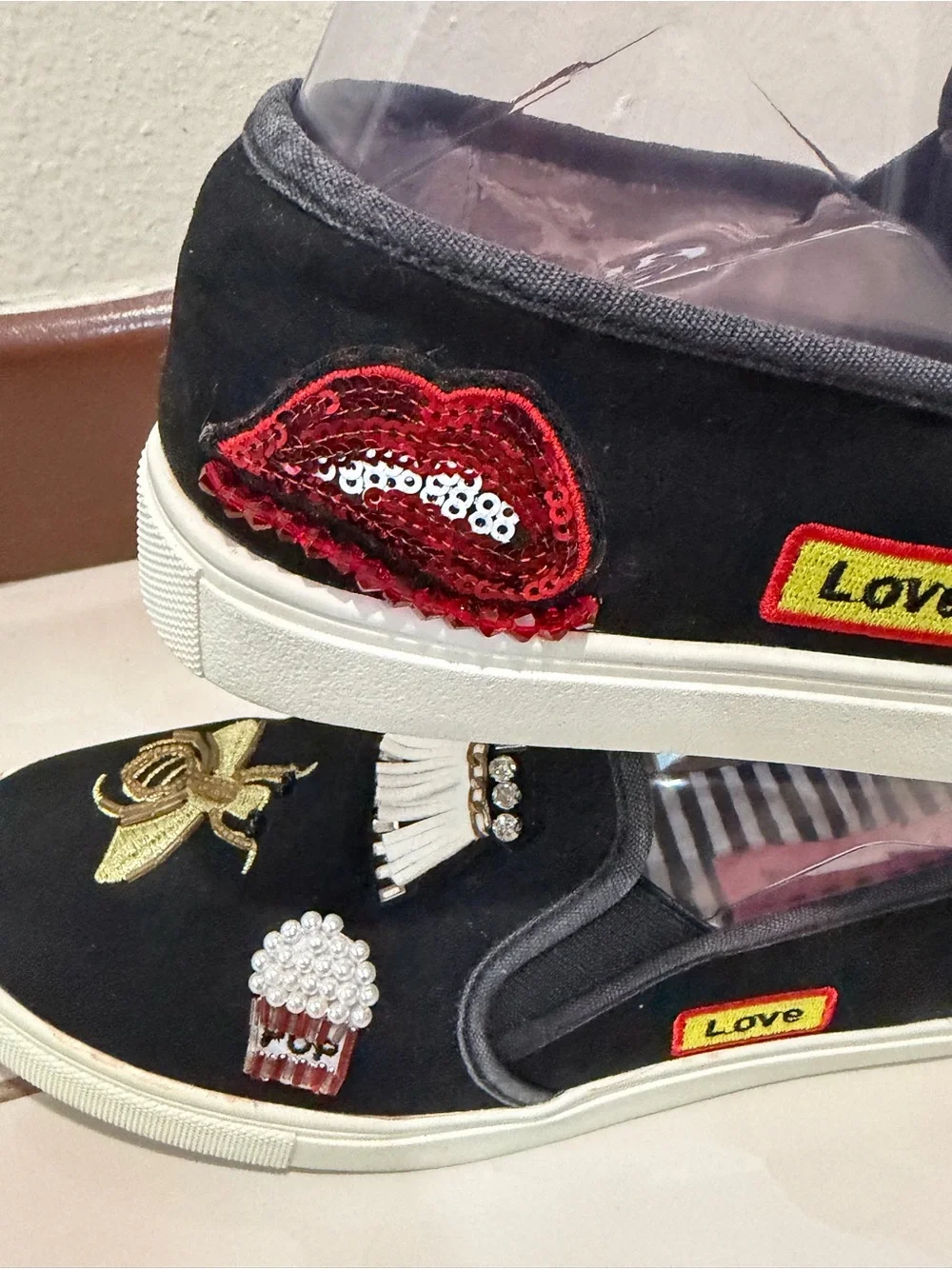 Betsey Johnson Black Slip-On Sneakers with Gold Bee Embroidery & Red Heart
